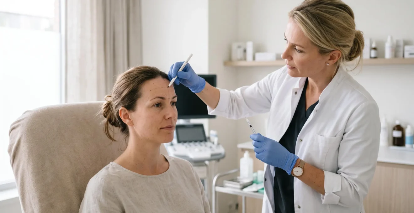 Arts markeringt het voorhoofd van een patiënte vóór een botulinetoxinebehandeling in de kliniek.