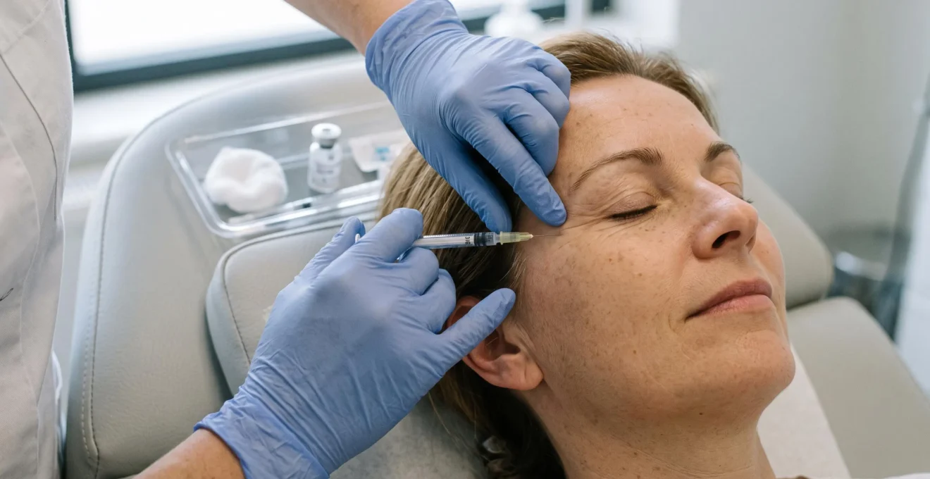 Close-up van een fijne injectie aan het ooggebied tijdens een botulinetoxinesessie.