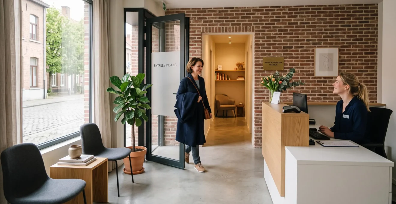 Receptioniste verwelkomt een patiënte in de ontvangstruimte van een Vlaamse praktijk.